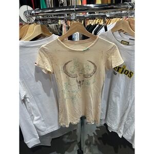 Vintage Y2K Beige AOP Bohemian Hippie Paint Splatter Baby Tee Size Small